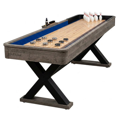 Shuffleboard Table Built for Premium Game Room Entertainment, Bowling Combo, Wooden Surface, X-Base Design