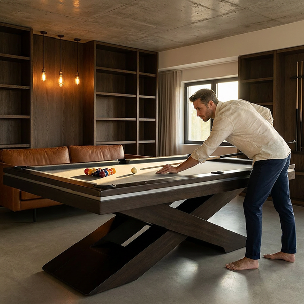 Pool Table Designed for Modern Game Rooms, X-Frame Pedestal Base, Tournament Cloth, Three-Piece Slate