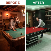Modern Pool Table Designed for Championship Play, 8-Foot Slate, Tournament Cloth, Pedestal Base — Before & After