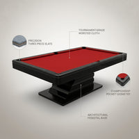 Modern Pool Table Designed for Championship Play, 8-Foot Slate, Tournament Cloth, Pedestal Base — infographic
