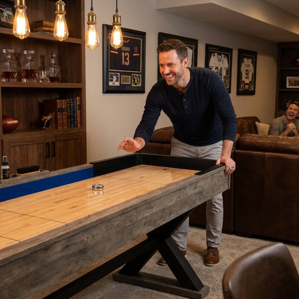 Shuffleboard Table Built for Premium Game Room Entertainment, Bowling Combo, Wooden Surface, X-Base Design
